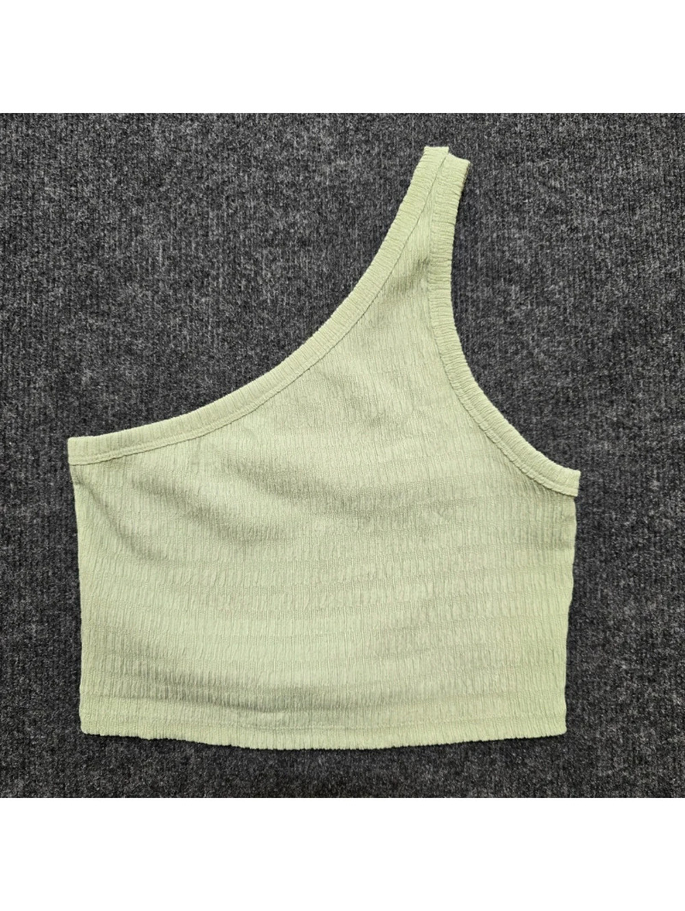 American Eagle One Shoulder Crop Top Medium M Sage Green Crinkle Textured Tank - Picture 1 of 5